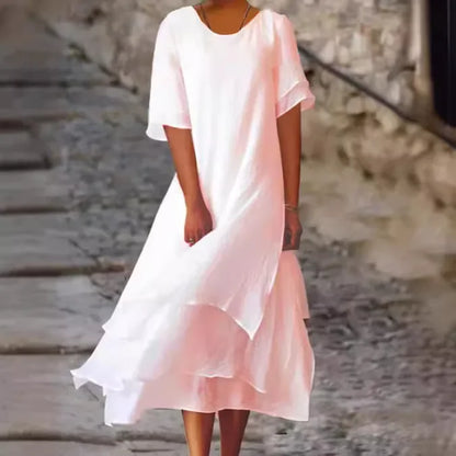 Perla | Vestido Maxi de Lino con Falda en Capas y Manga Corta