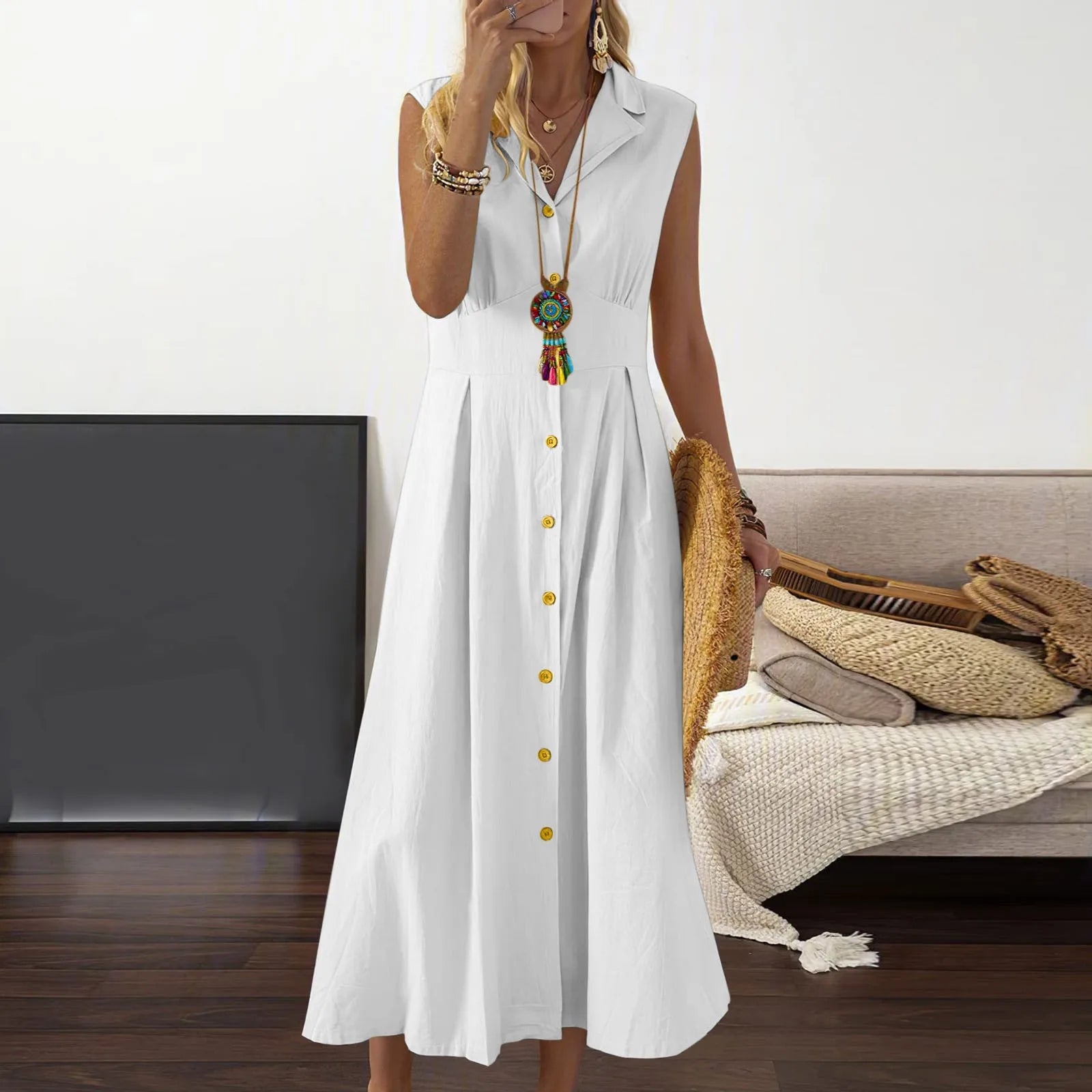 Casual Losse Mouwloze Overhemdjurk Effen Kleur Katoenen Linnen Blend Jurk Elegante Vakantiejurken Платье Женское