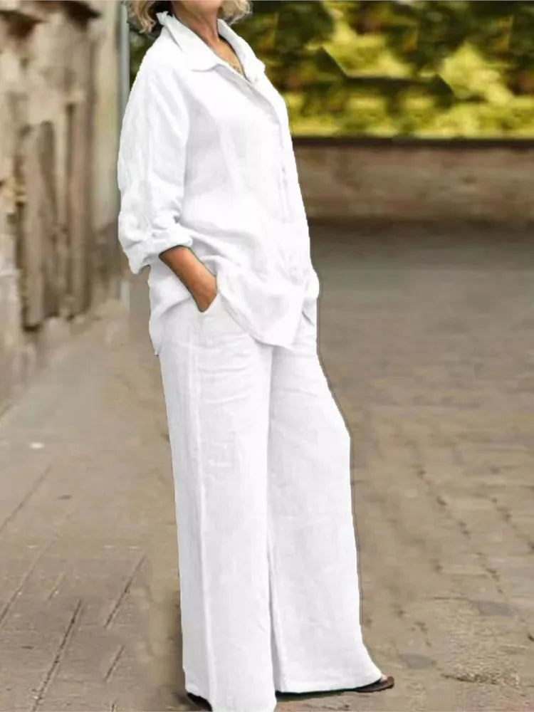 Brisa | Conjunto de Lino con Blusa y Pantalón de Pernera Ancha