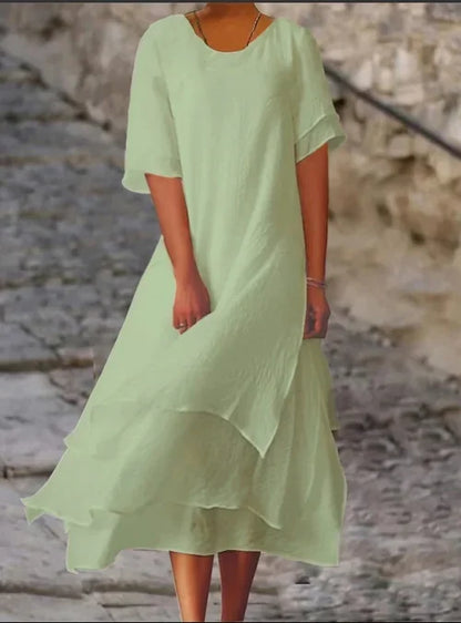 Perla | Vestido Maxi de Lino con Falda en Capas y Manga Corta
