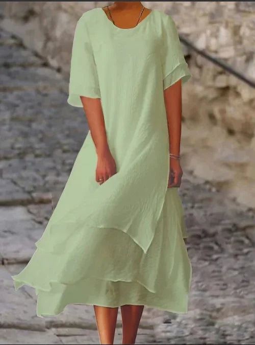 Perla | Vestido Maxi de Lino con Falda en Capas y Manga Corta