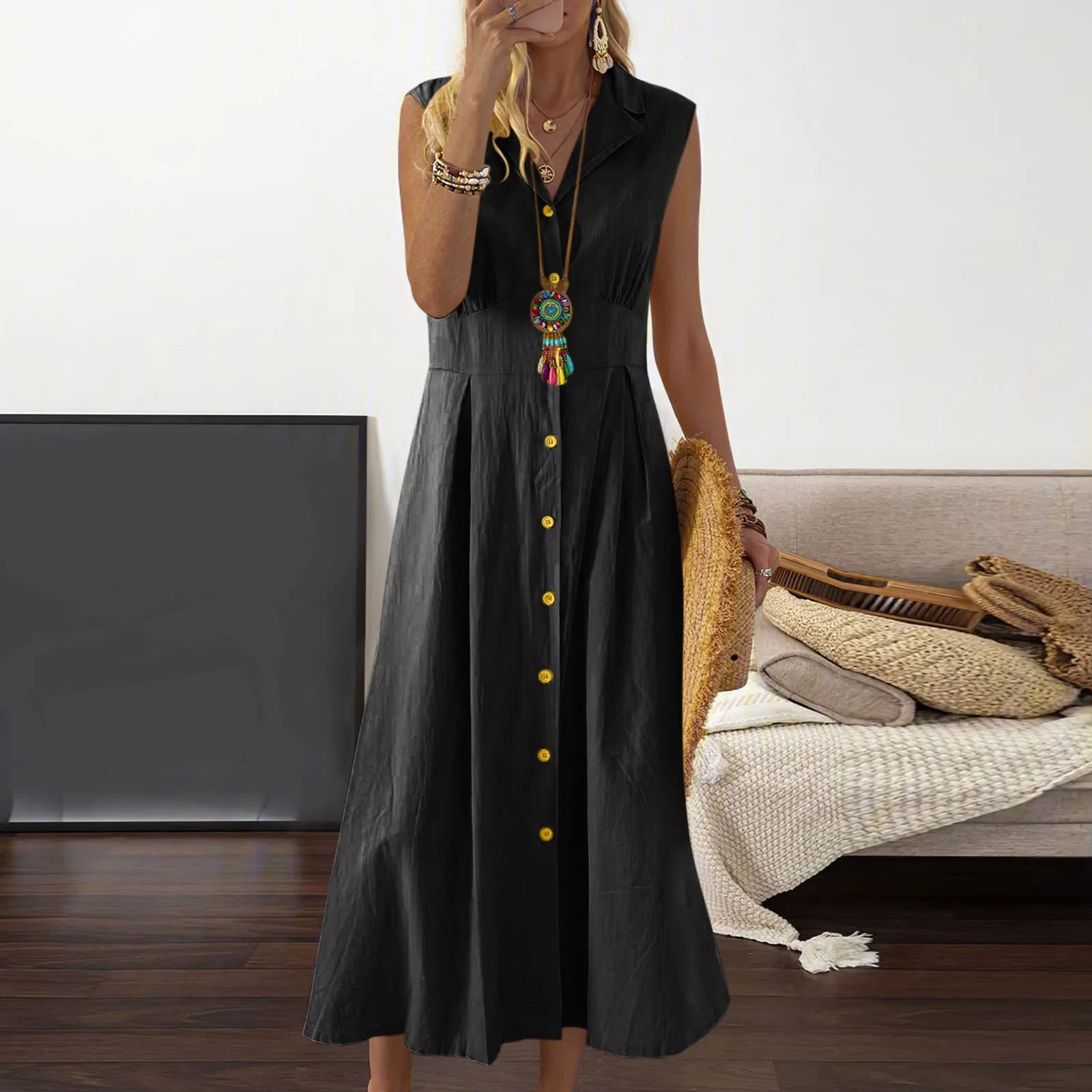 Casual Losse Mouwloze Overhemdjurk Effen Kleur Katoenen Linnen Blend Jurk Elegante Vakantiejurken Платье Женское