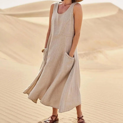 Sofía | Vestido largo de lino para mujer con cuello redondo y grandes bolsillos