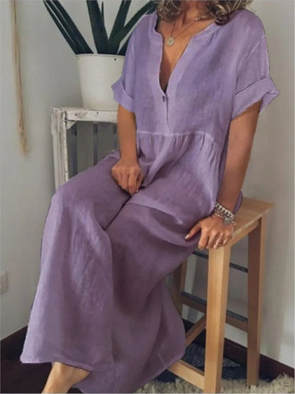 Marea | Vestido Maxi de Lino con Escote en V y Manga Corta