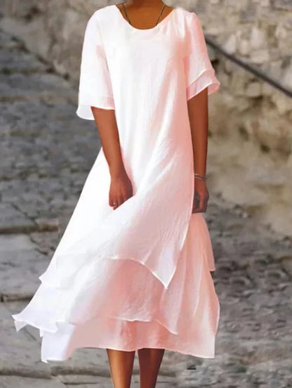 Perla | Vestido Maxi de Lino con Falda en Capas y Manga Corta