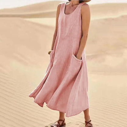Sofía | Vestido largo de lino para mujer con cuello redondo y grandes bolsillos