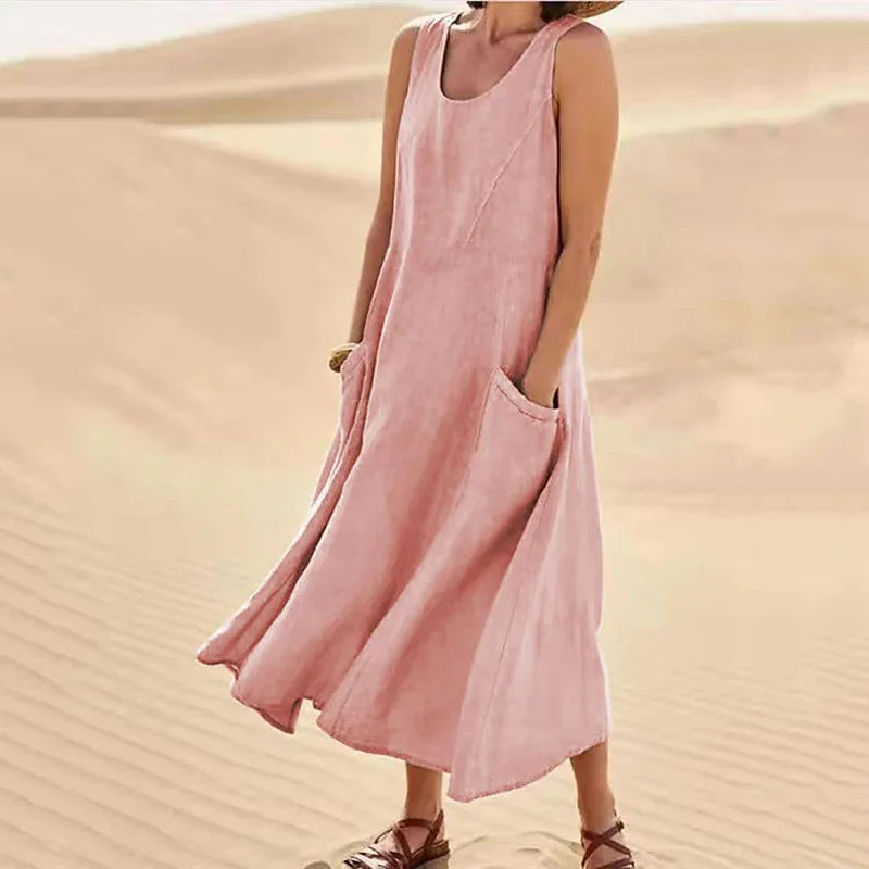 Sofía | Vestido largo de lino para mujer con cuello redondo y grandes bolsillos