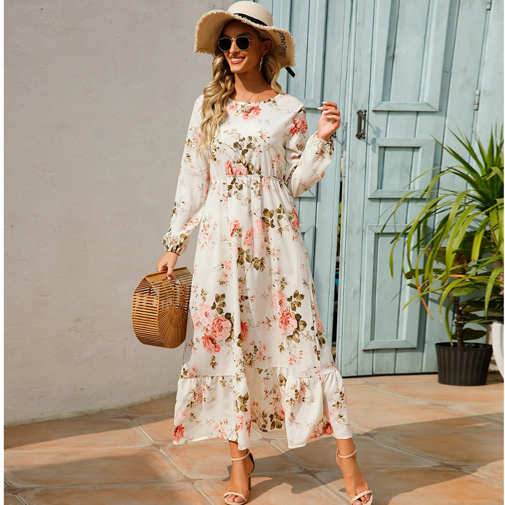 Isabella | Vestido Largo Floral con Manga Larga y Cintura Fruncida