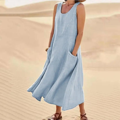 Sofía | Vestido largo de lino para mujer con cuello redondo y grandes bolsillos