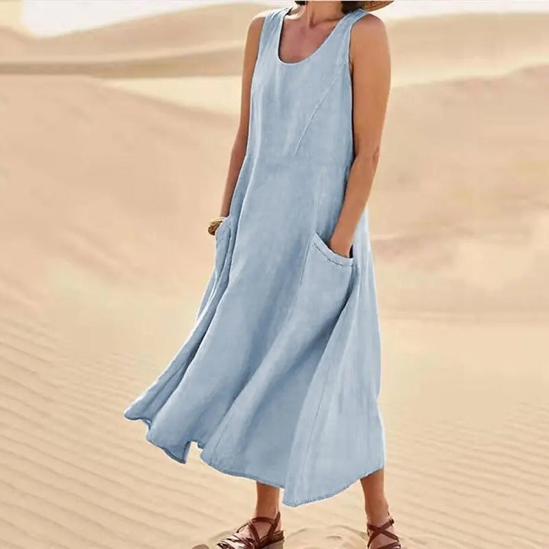 Sofía | Vestido largo de lino para mujer con cuello redondo y grandes bolsillos