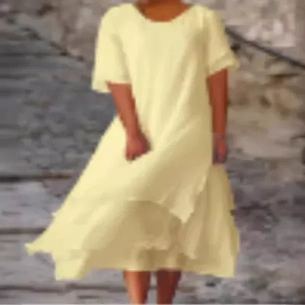 Perla | Vestido Maxi de Lino con Falda en Capas y Manga Corta