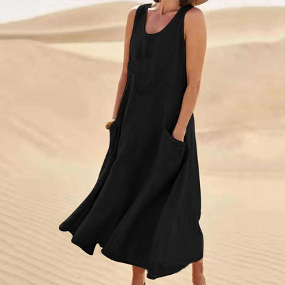Sofía | Vestido largo de lino para mujer con cuello redondo y grandes bolsillos