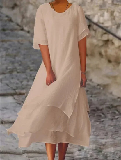 Perla | Vestido Maxi de Lino con Falda en Capas y Manga Corta