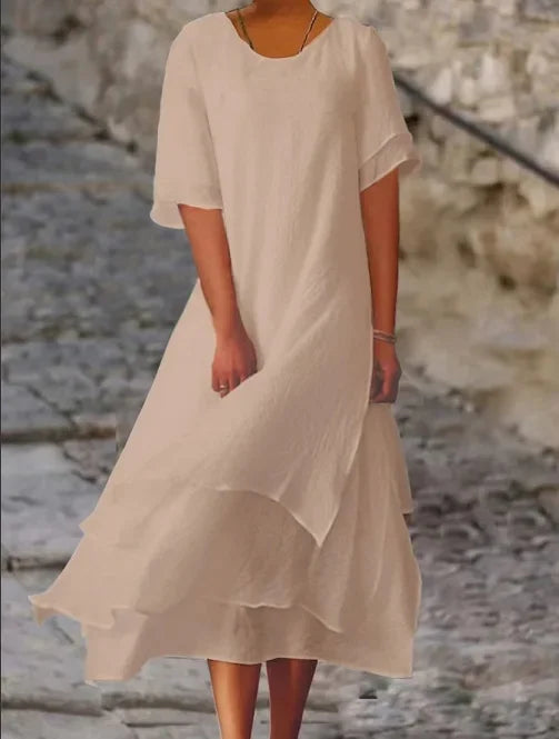 Perla | Vestido Maxi de Lino con Falda en Capas y Manga Corta