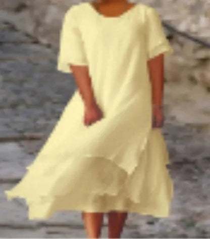 Perla | Vestido Maxi de Lino con Falda en Capas y Manga Corta