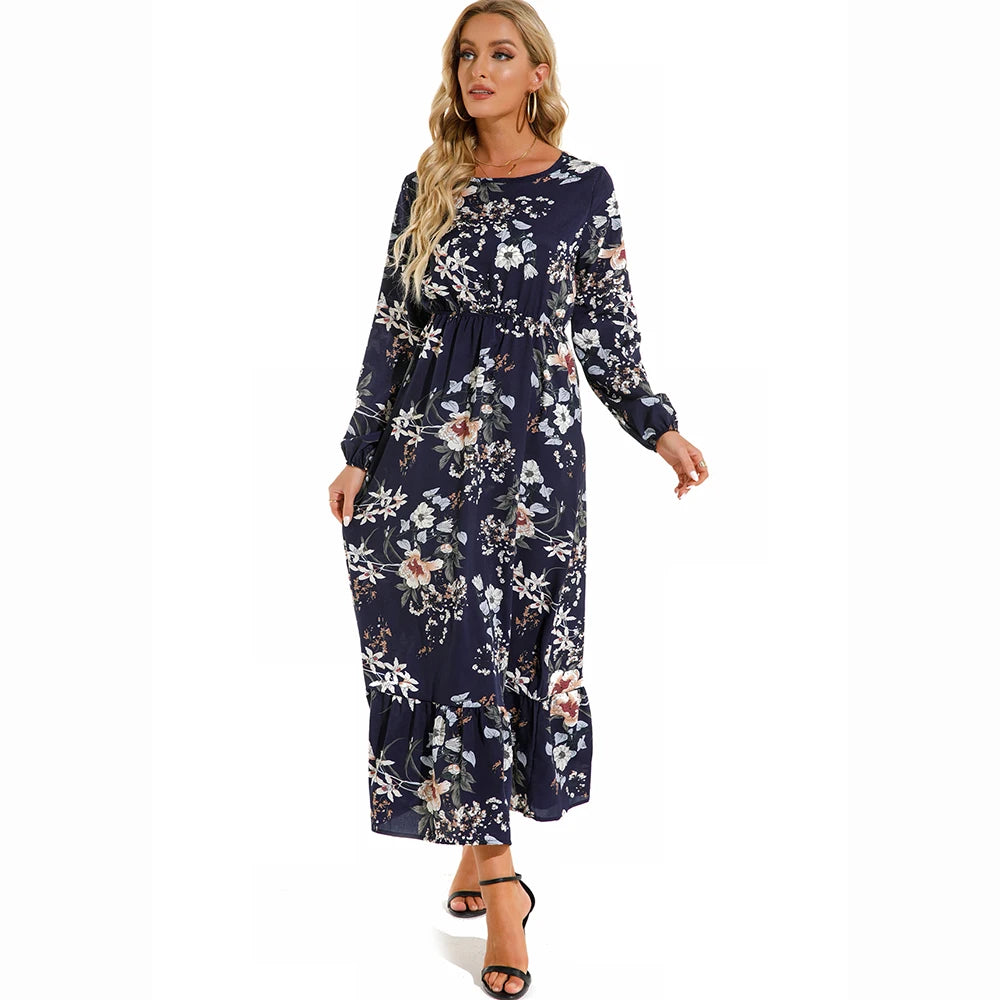 Isabella | Vestido Largo Floral con Manga Larga y Cintura Fruncida
