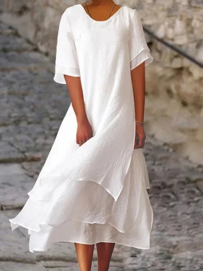 Perla | Vestido Maxi de Lino con Falda en Capas y Manga Corta