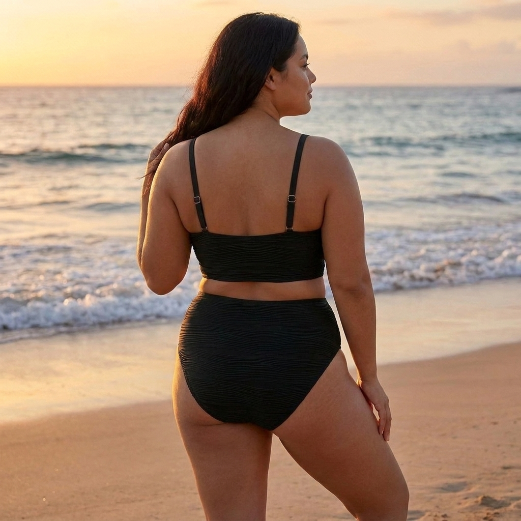 Sirena | Bikini Negro de Talle Alto con Textura en Relieve y Detalle DoradoSirena | Bikini Negro de Talle Alto con Textura en Relieve y Detalle Dorado