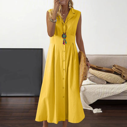 Casual Losse Mouwloze Overhemdjurk Effen Kleur Katoenen Linnen Blend Jurk Elegante Vakantiejurken Платье Женское