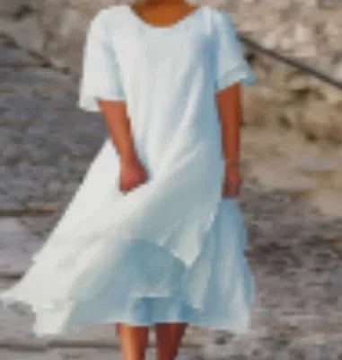 Perla | Vestido Maxi de Lino con Falda en Capas y Manga Corta