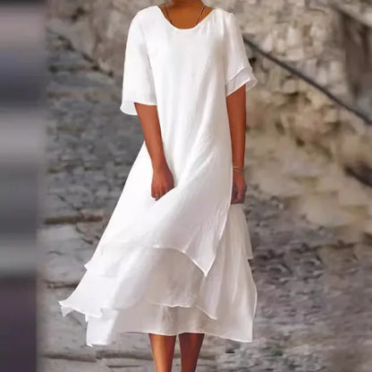 Perla | Vestido Maxi de Lino con Falda en Capas y Manga Corta
