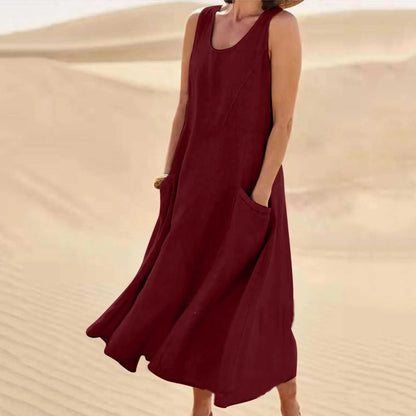 Sofía | Vestido largo de lino para mujer con cuello redondo y grandes bolsillos