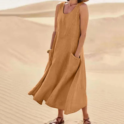 Sofía | Vestido largo de lino para mujer con cuello redondo y grandes bolsillos