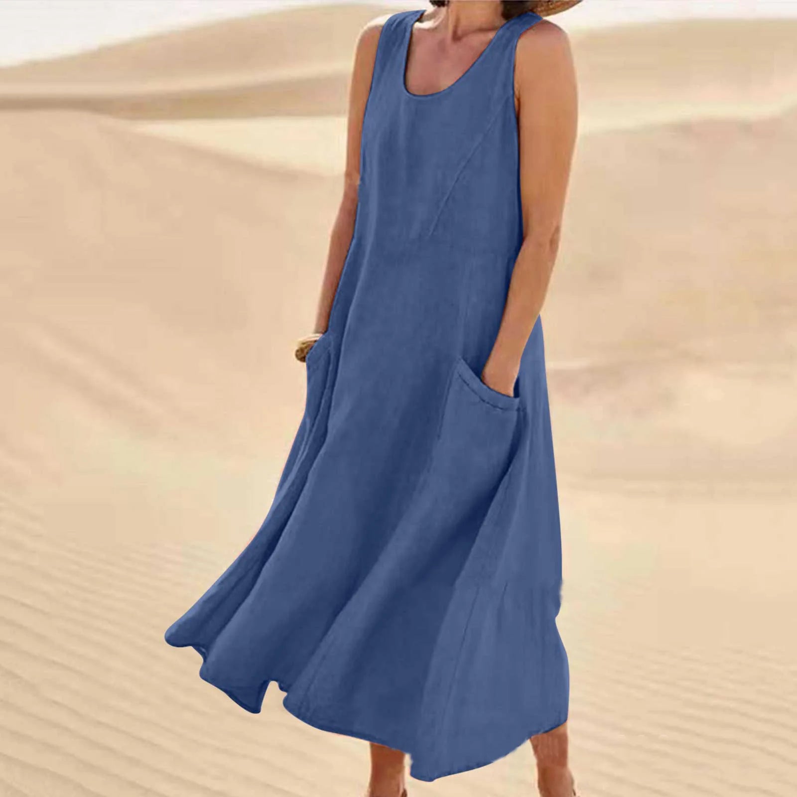Sofía | Vestido largo de lino para mujer con cuello redondo y grandes bolsillos