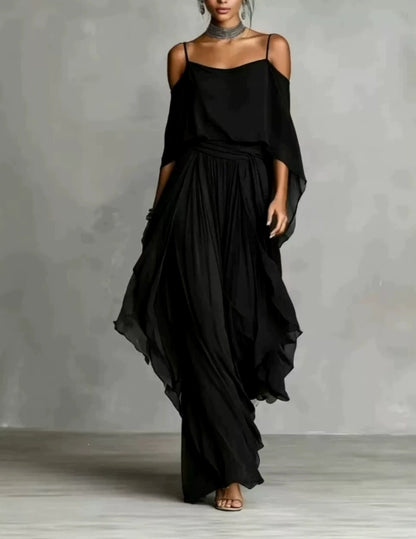 Isabela | Vestido Largo de Gasa con Hombros Descubiertos y Capas Fluidas