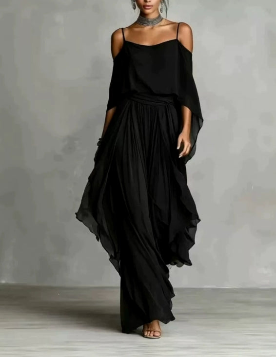Isabela | Vestido Largo de Gasa con Hombros Descubiertos y Capas Fluidas