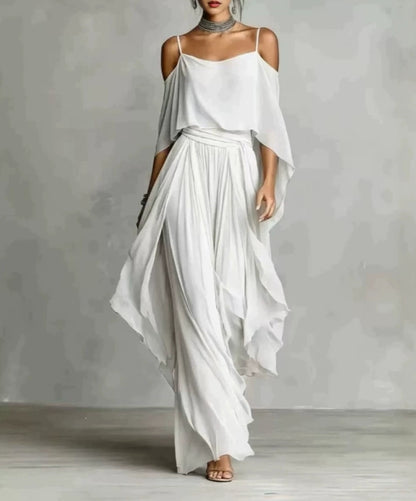 Isabela | Vestido Largo de Gasa con Hombros Descubiertos y Capas Fluidas