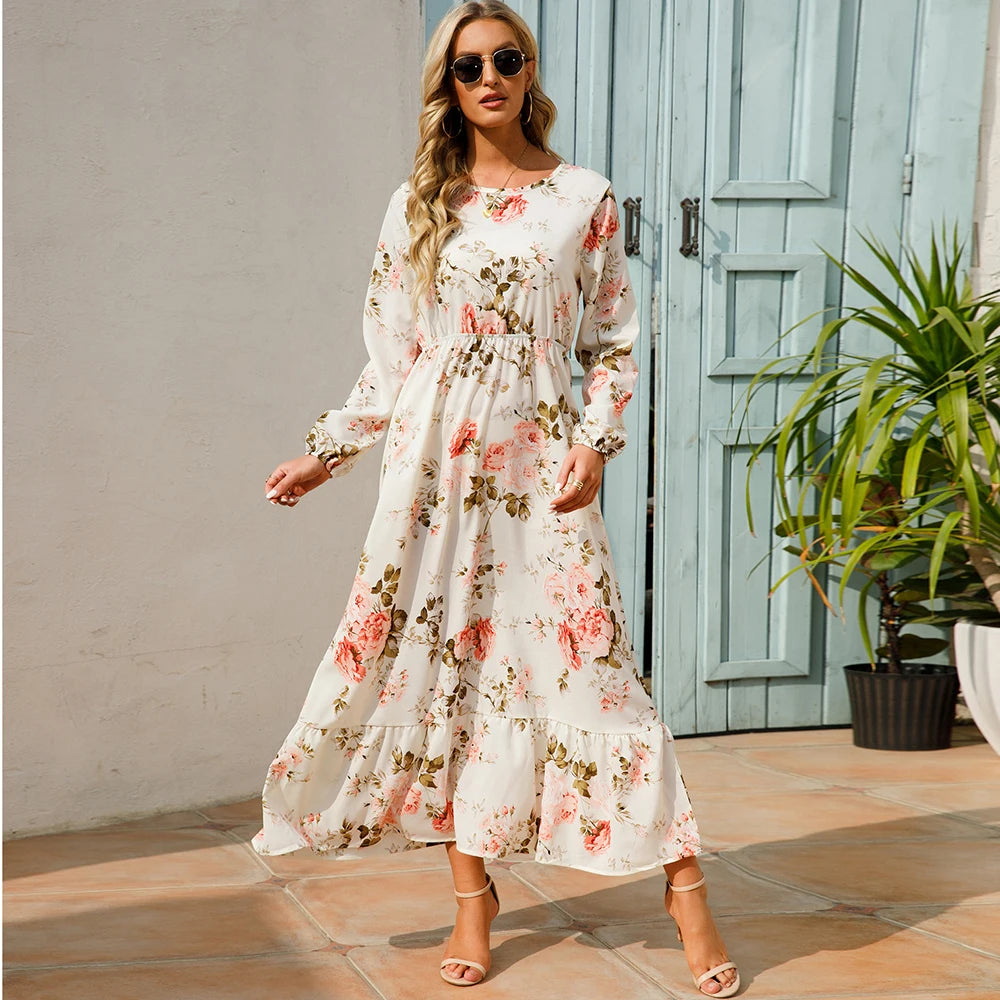 Isabella | Vestido Largo Floral con Manga Larga y Cintura Fruncida