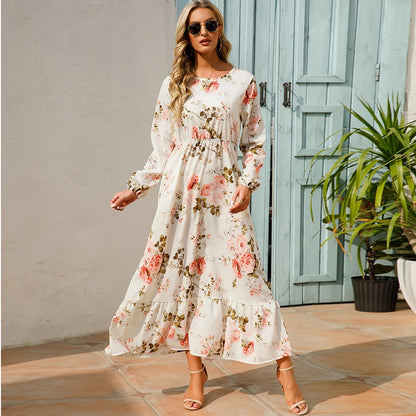 Isabella | Vestido Largo Floral con Manga Larga y Cintura Fruncida
