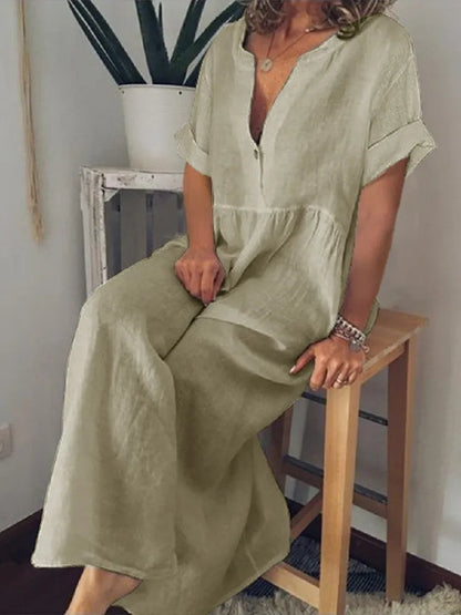 Marea | Vestido Maxi de Lino con Escote en V y Manga Corta