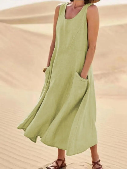 Sofía | Vestido largo de lino para mujer con cuello redondo y grandes bolsillos