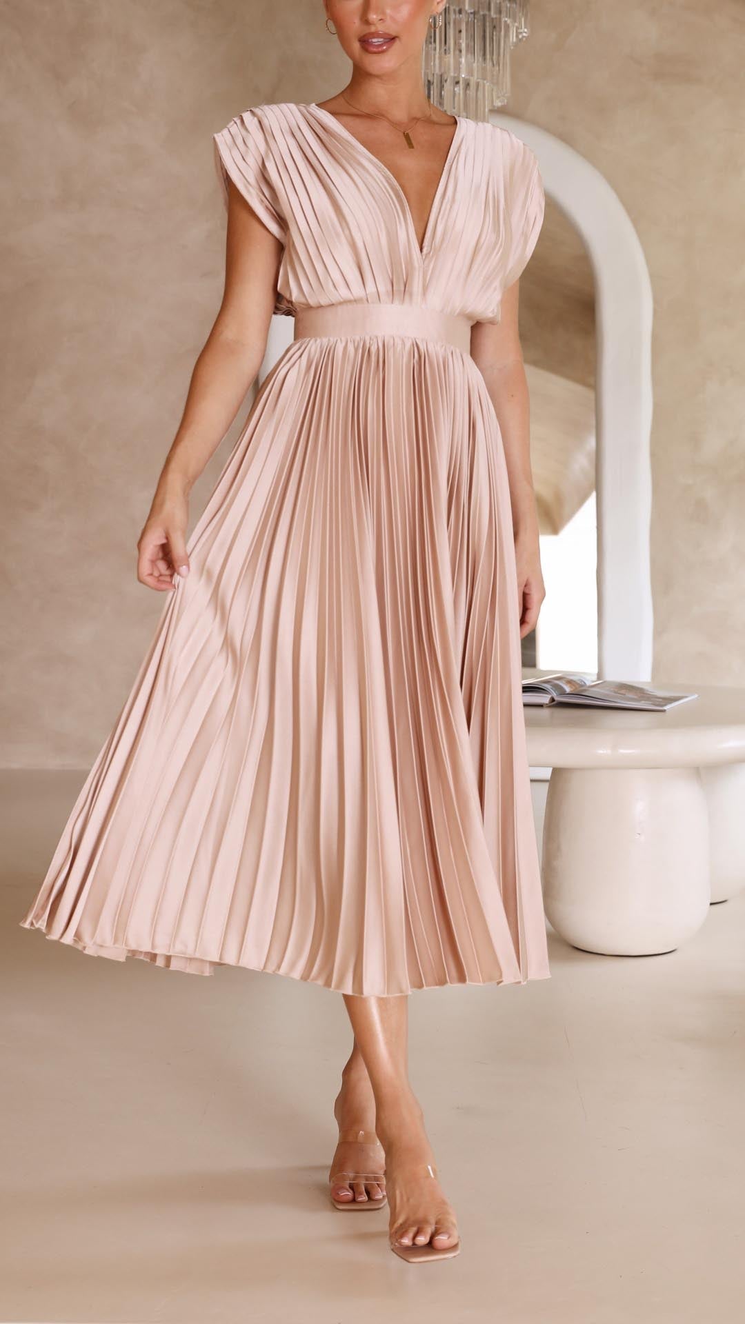 Isla | Vestido Midi Plisado con Escote en V