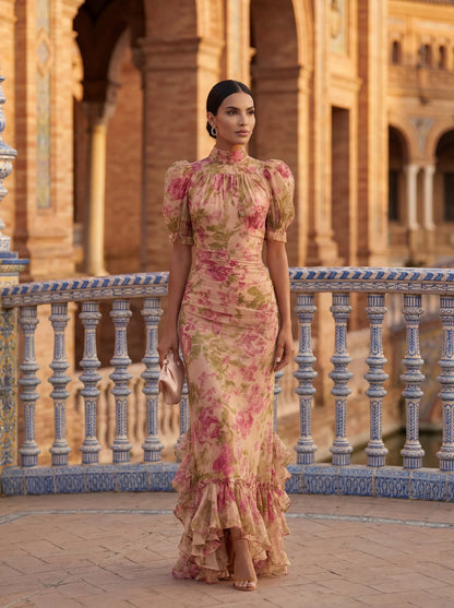 Rosario | Vestido Maxi Floral con Cuello Alto