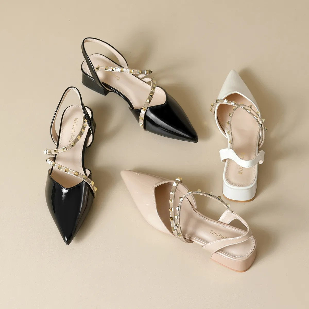 Liorah | Salón Slingback con Tacón Bajo y Tiras con Tachuelas Doradas