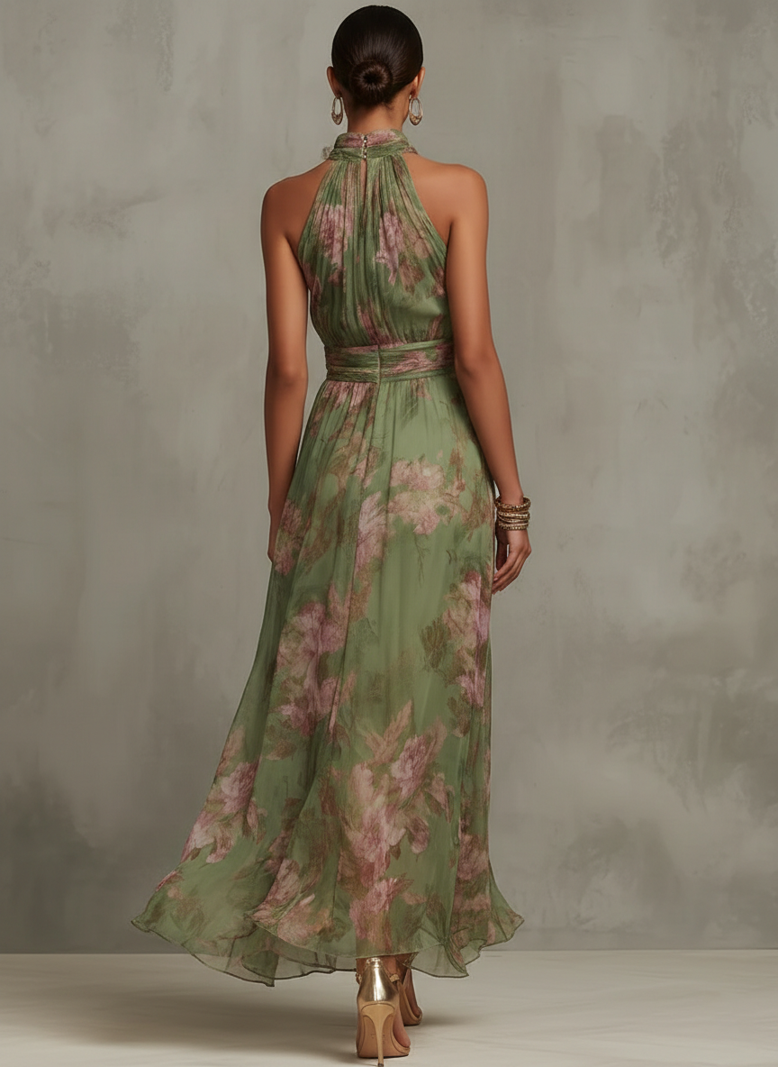 Livia | Vestido Maxi Halter Floral en Chifón