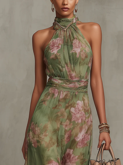 Livia | Vestido Maxi Halter Floral en Chifón