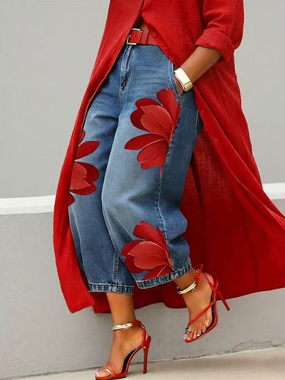 Beatrix | Vaquero Rojo Elegante Loose Fit con Estampado Floral