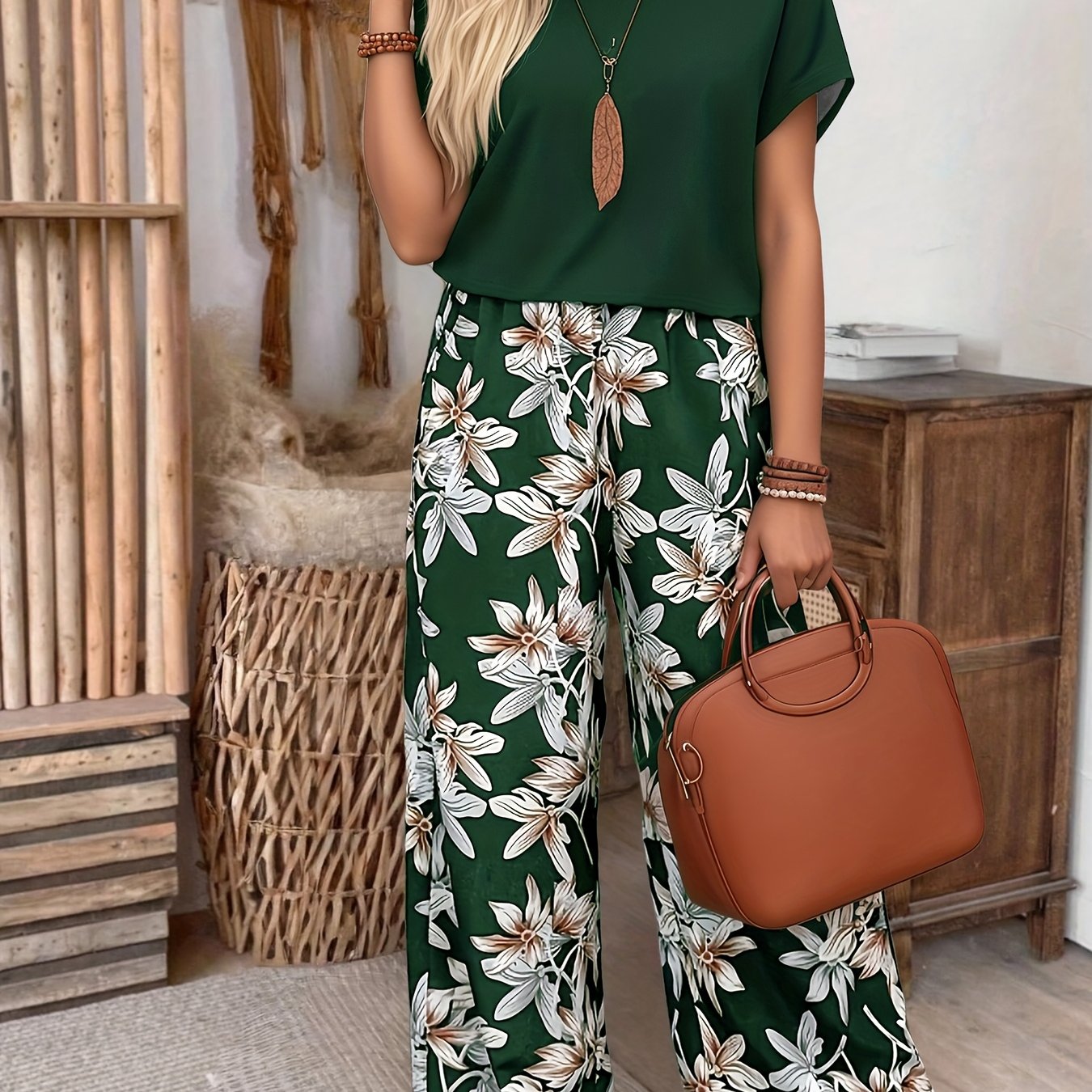 Vrouwen Stijlvolle Elegante Korte Mouw Ronde Hals Bloemenprint Set