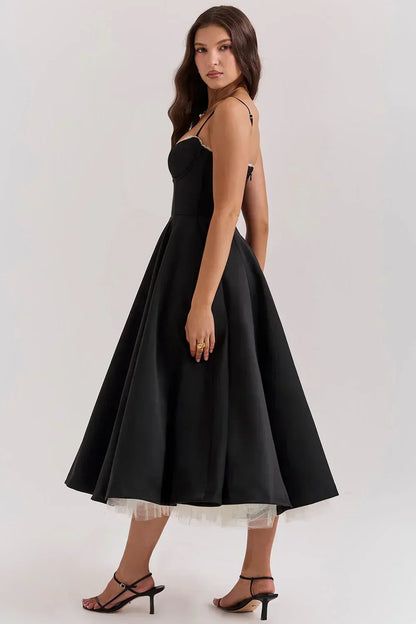 Arielle | Vestido Midi Azul con Corsé y Falda Evasé