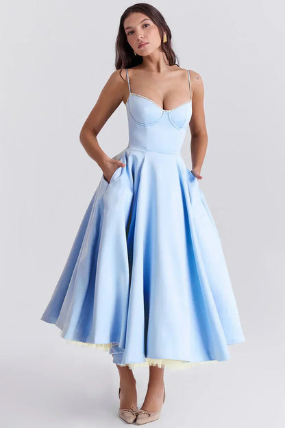 Arielle | Vestido Midi Azul con Corsé y Falda Evasé