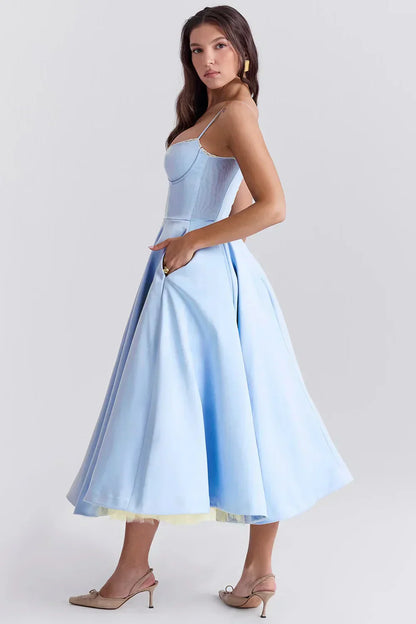 Arielle | Vestido Midi Azul con Corsé y Falda Evasé