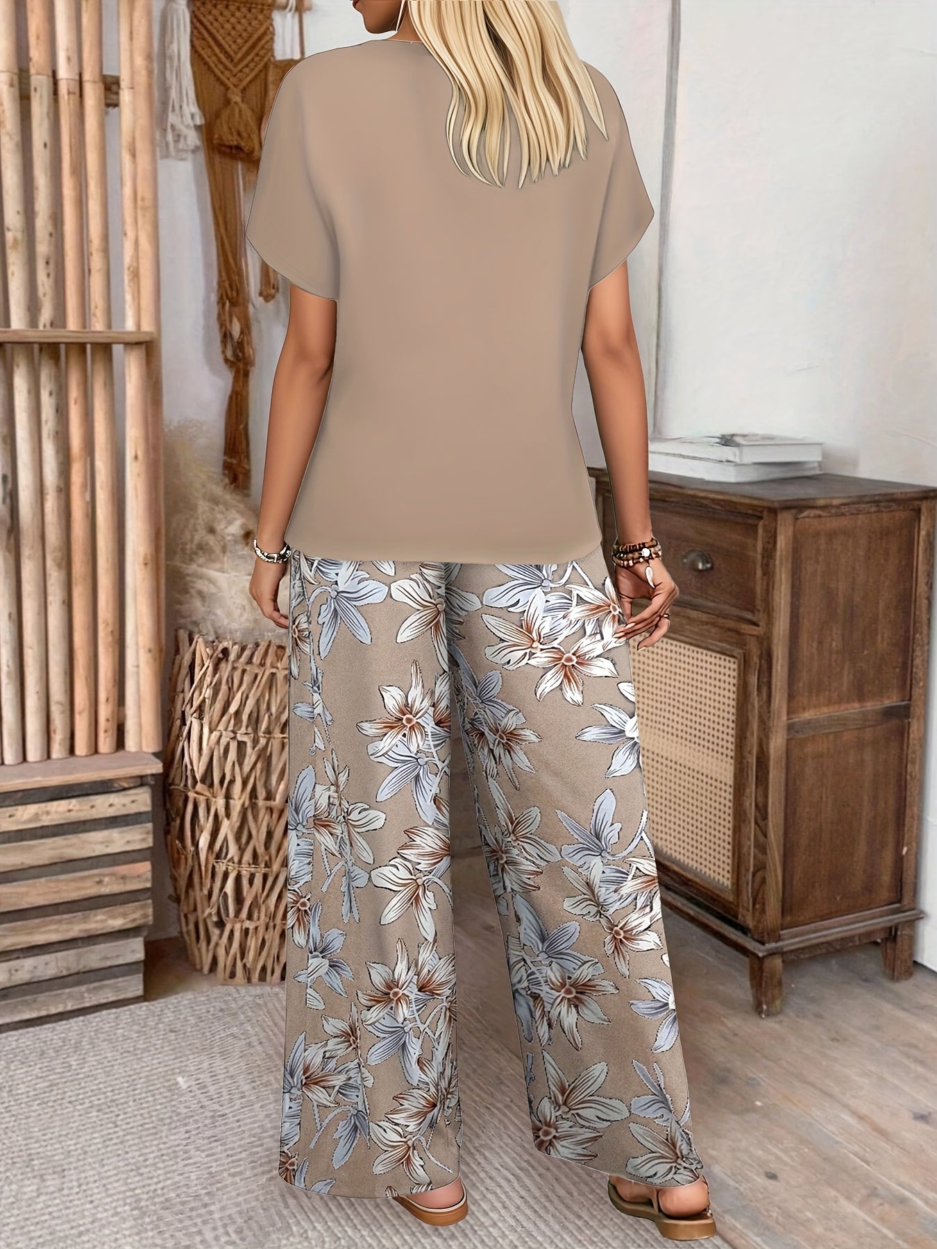 Vrouwen Stijlvolle Elegante Korte Mouw Ronde Hals Bloemenprint Set