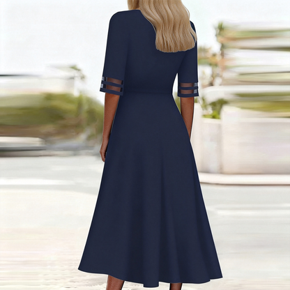 Navy Plain Short Sleeve Midi Dress