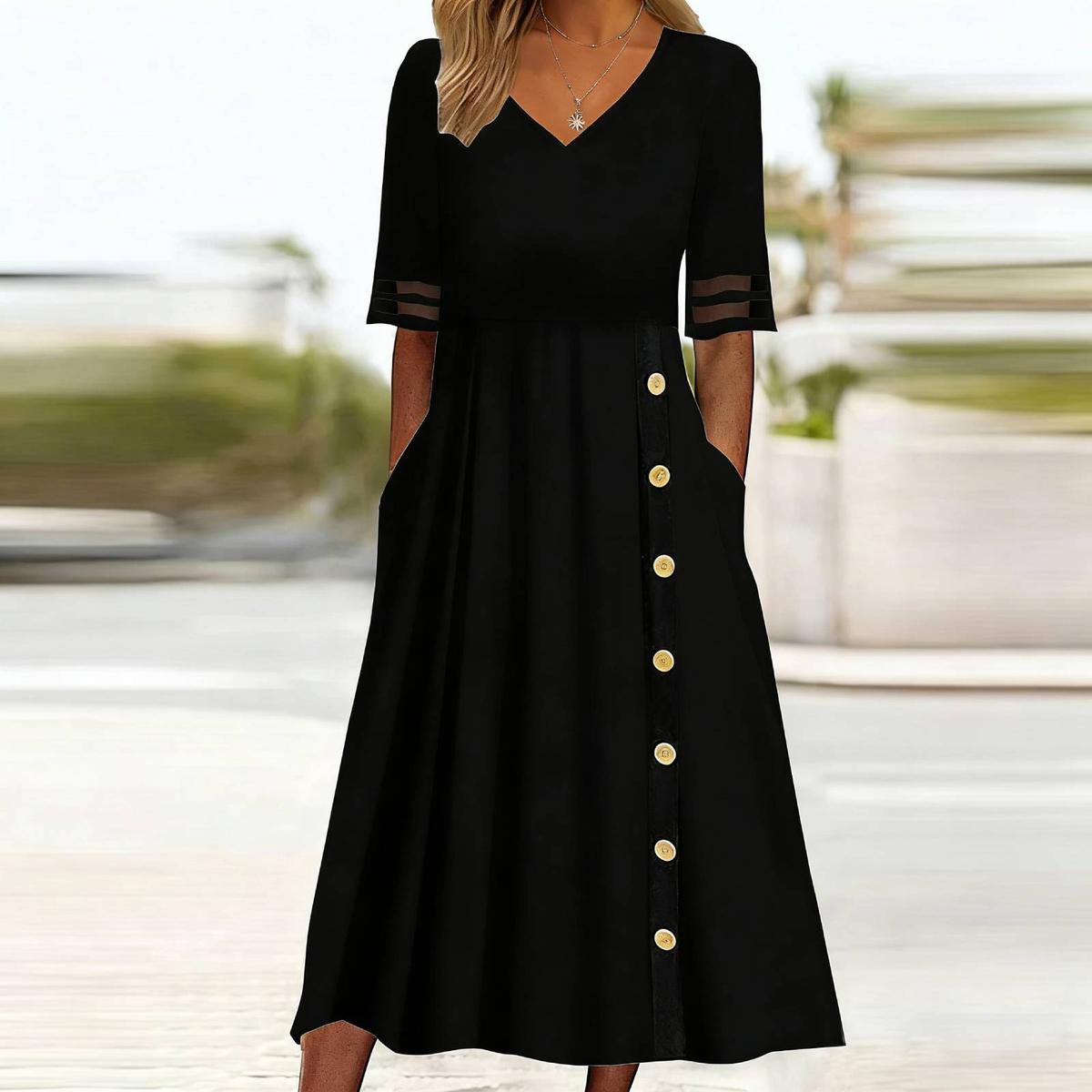 Navy Plain Short Sleeve Midi Dress