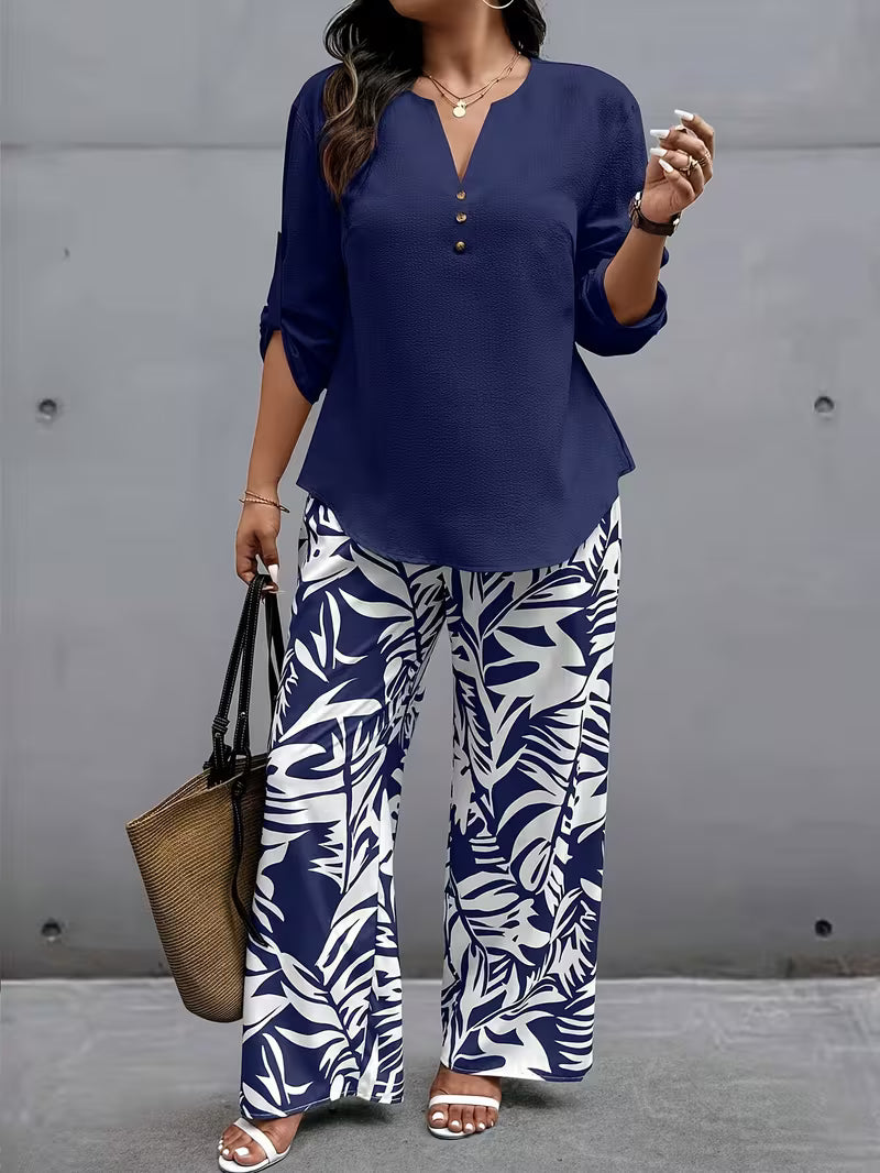 Botánica | Conjunto de Blusa y Pantalón de Pierna Ancha con Estampado
