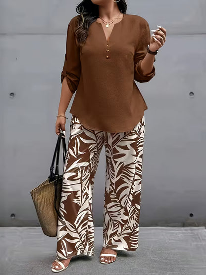 Botánica | Conjunto de Blusa y Pantalón de Pierna Ancha con Estampado